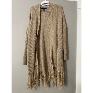 Forever 21 Womens Tan Beige Open Knit Fringe Hem Longline Cardigan Sweater L